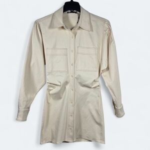 Zara Cream Utility Shirt Dress Button Front Cotton Size M